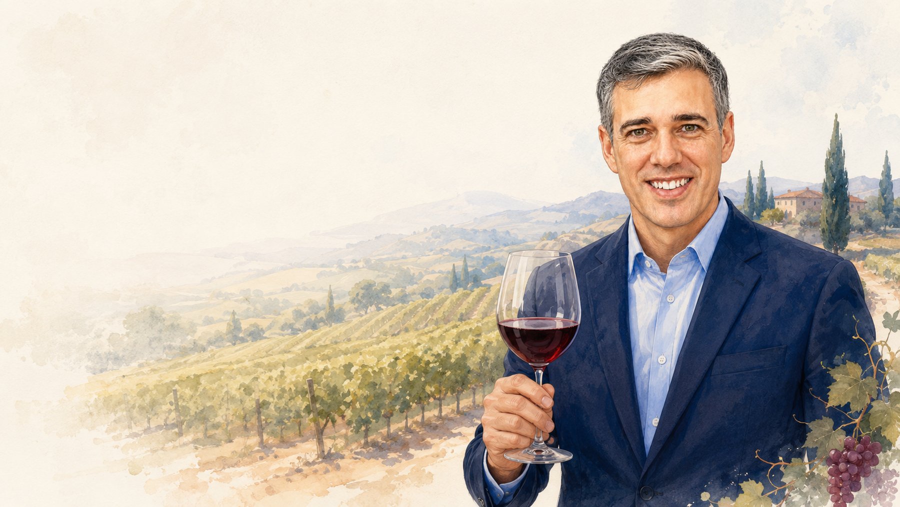 Watercolor illustration of Scott holding a glass of red wine in a vineyard
